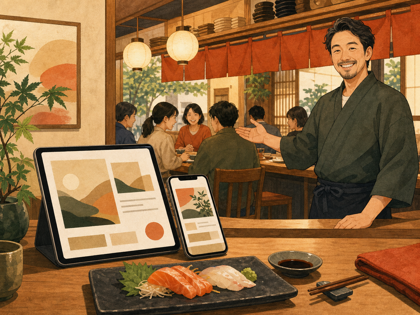 お客様でにぎわう飲食店と、ホームページ・LINEを活用した集客をイメージしたスマートフォンやタブレット