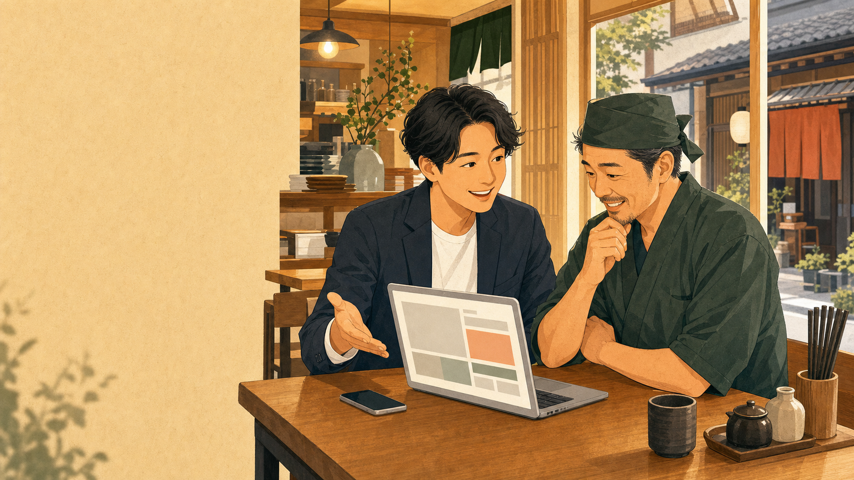 平塚・湘南の飲食店オーナーとWeb担当者が、ホームページ制作やLINE構築について店内のノートパソコンを見ながら相談している様子