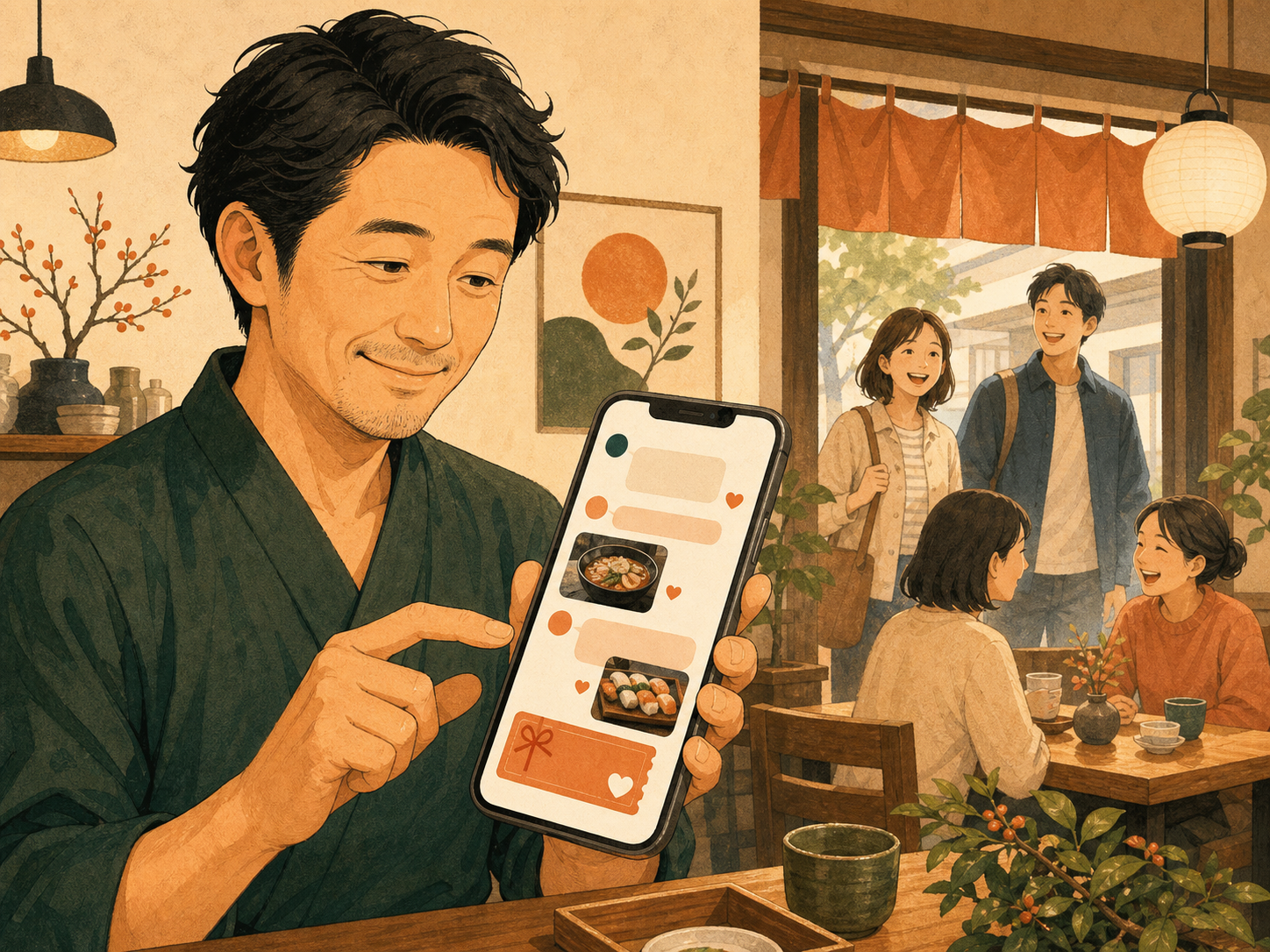 飲食店オーナーがスマートフォンでLINE公式アカウントを使ったお客様とのつながりを確認している様子