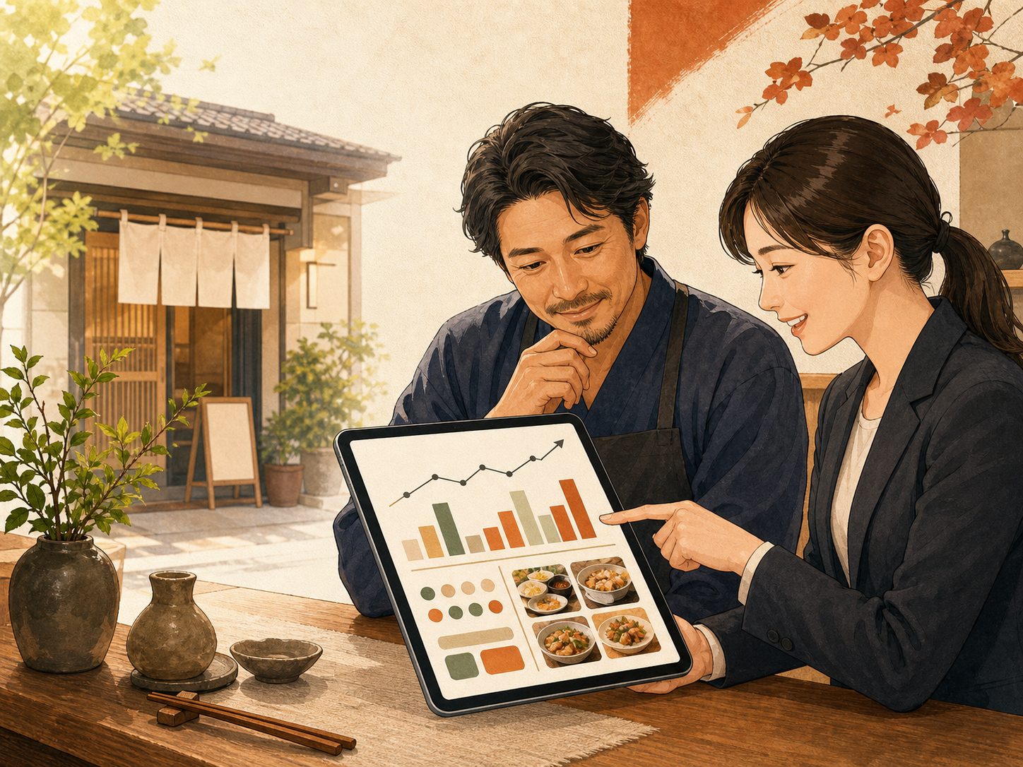 飲食店オーナーとWeb担当者がタブレットでWeb集客の状況を確認している様子