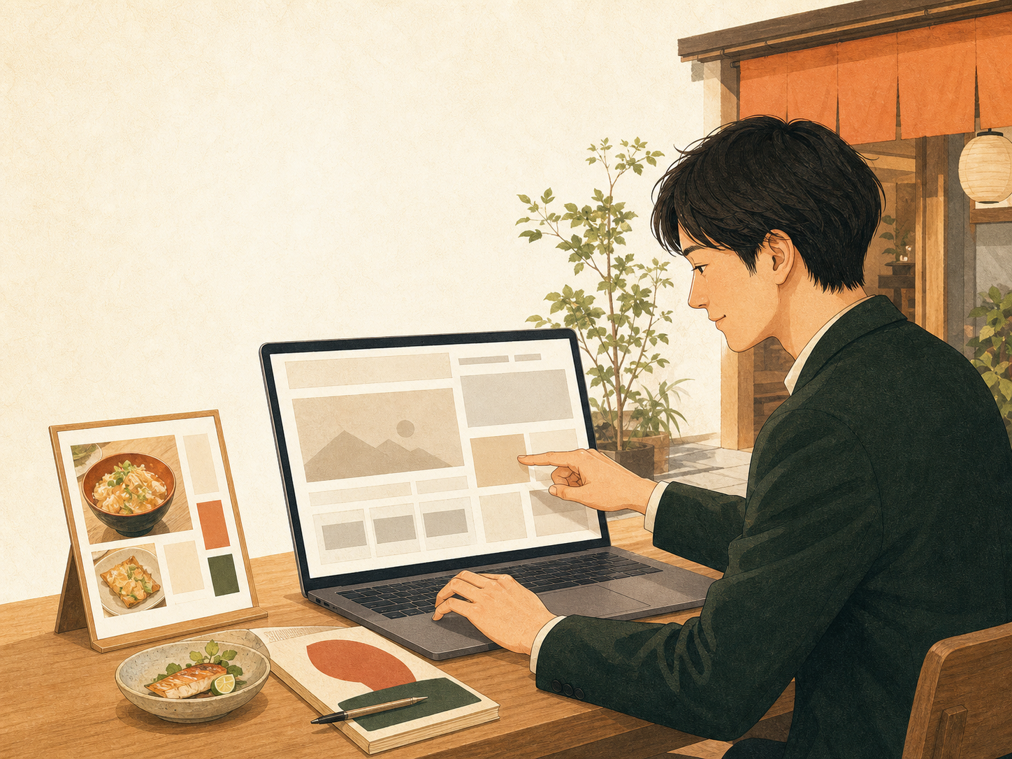 飲食店のホームページ制作画面を整えているWeb担当者